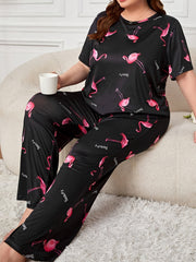 Flamingo & Letter Print Tee & Pants Lounge Set