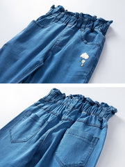 Girls' Paper Bag Waist Graphic Jeans Casual Denim Pants Kids Clothes