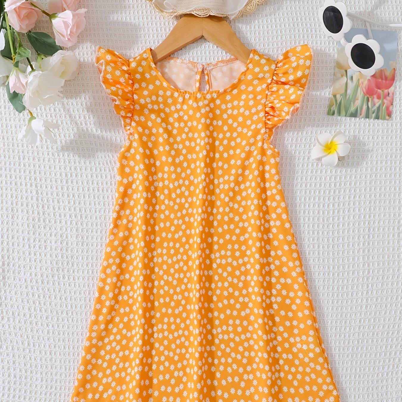 Girls Daisy Floral Print Ruffle Sleeve Dress