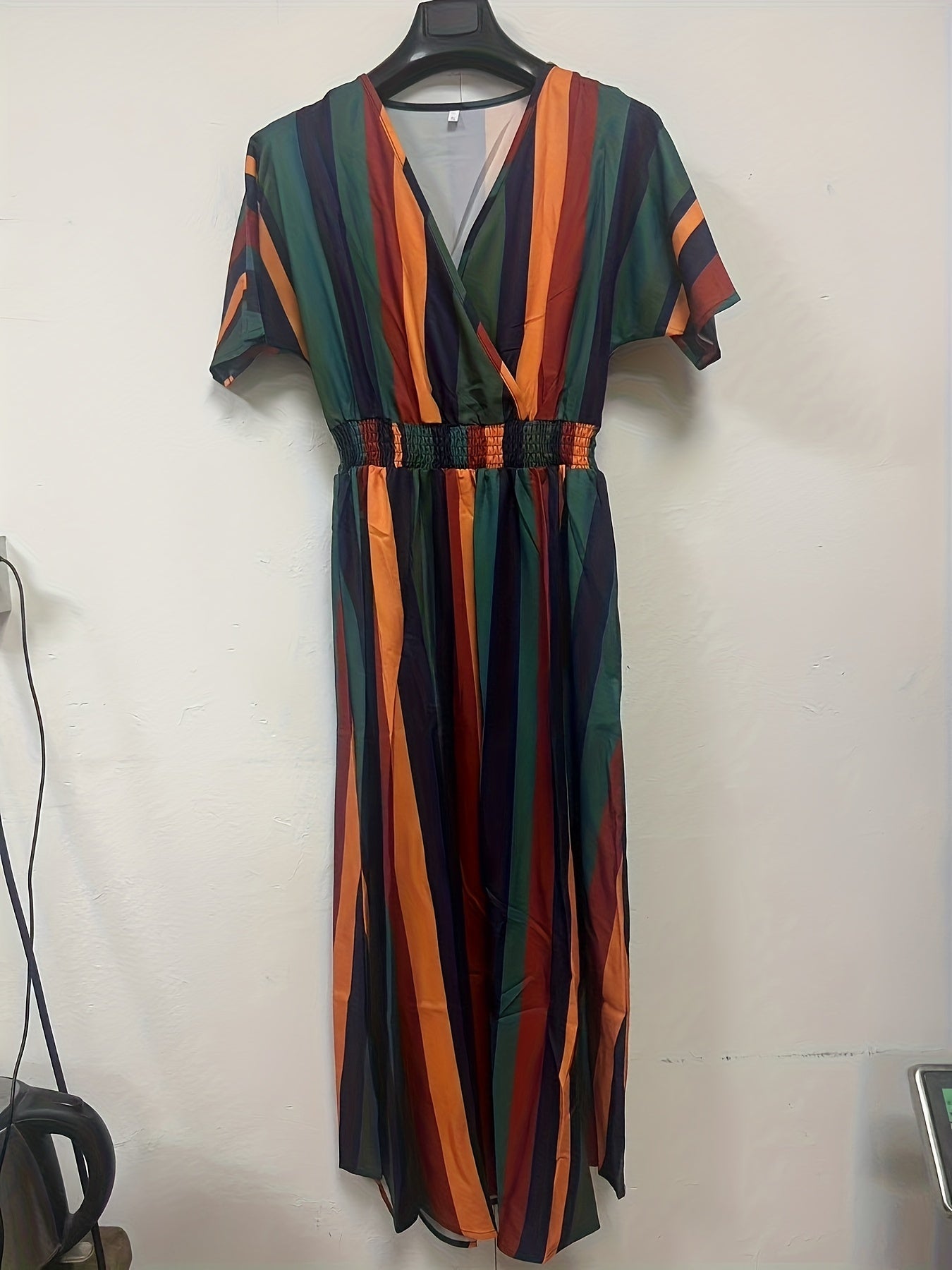 Striped Boho Surplice Neck Dress High Waist Short Sleeve