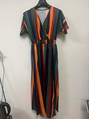 Striped Boho Surplice Neck Dress High Waist Short Sleeve