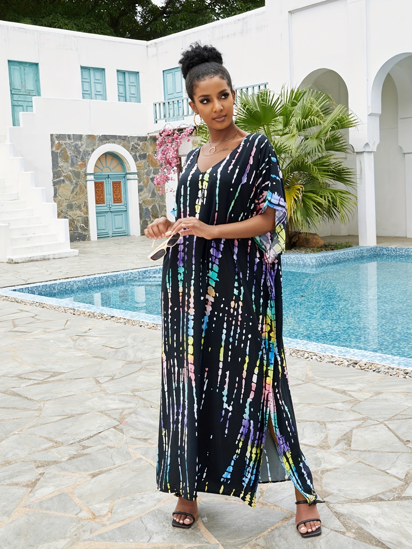 Boho Cover Up Tie Dye Striped V Neck Beach Cover Up Dress