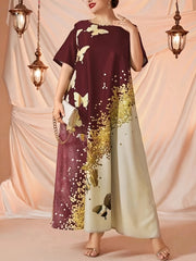 Glitter Butterfly Print Round Neck Maxi Dress Plus Size Abaya