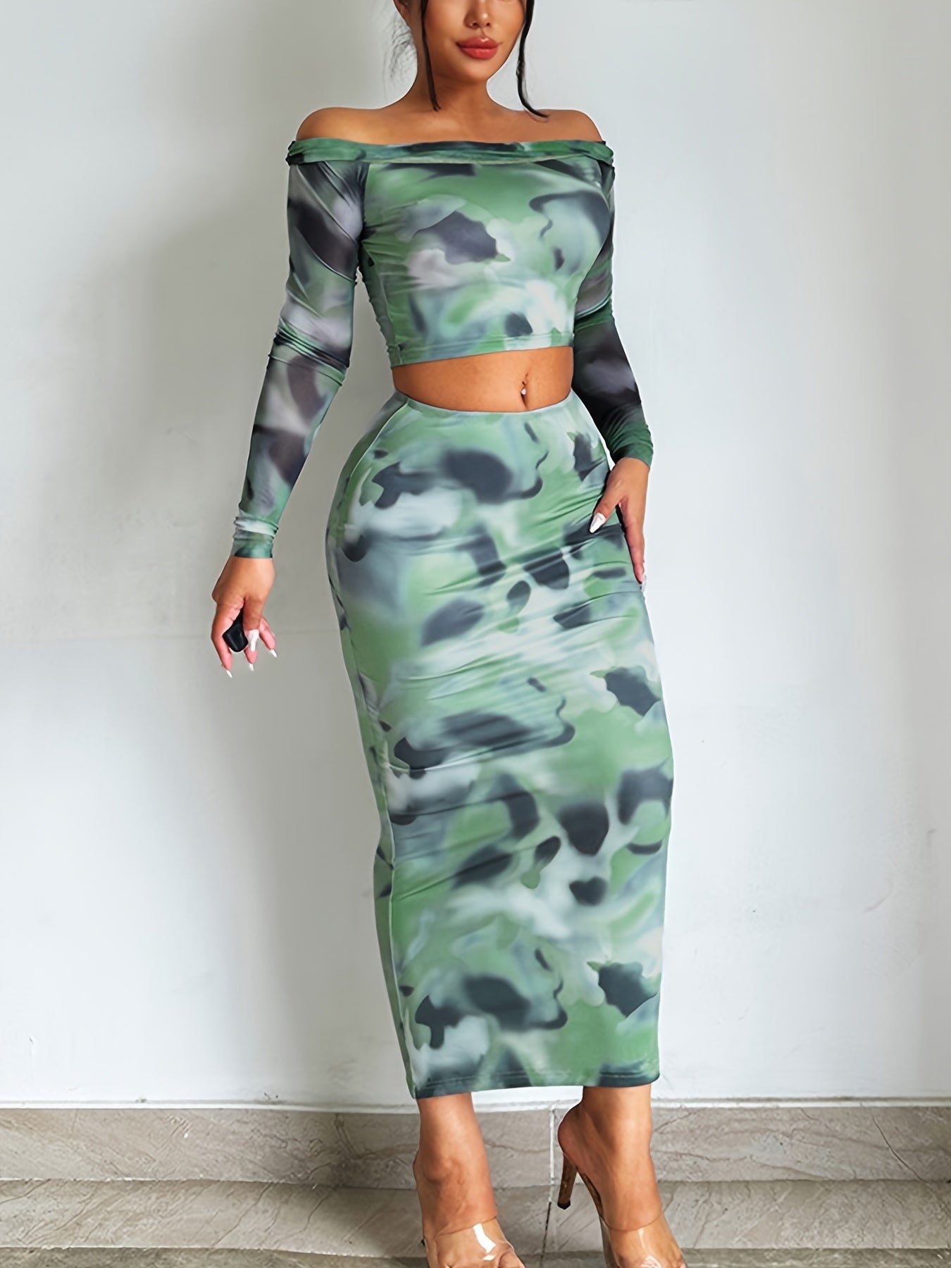 Tie Dye Two Piece Skirt Set Off Shoulder Crop Top & High Waist Bodycon Skirt