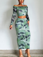 Tie Dye Two Piece Skirt Set Off Shoulder Crop Top & High Waist Bodycon Skirt
