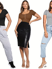 3 Pack Plus Size Basic Bodysuit Women's Plus Round Neck Button Up High Stretch