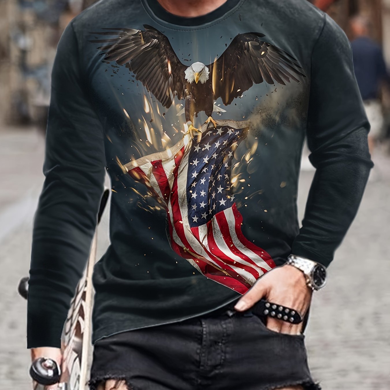 Eagle & Flag Print Men's Long Sleeve Tee for Autumn
