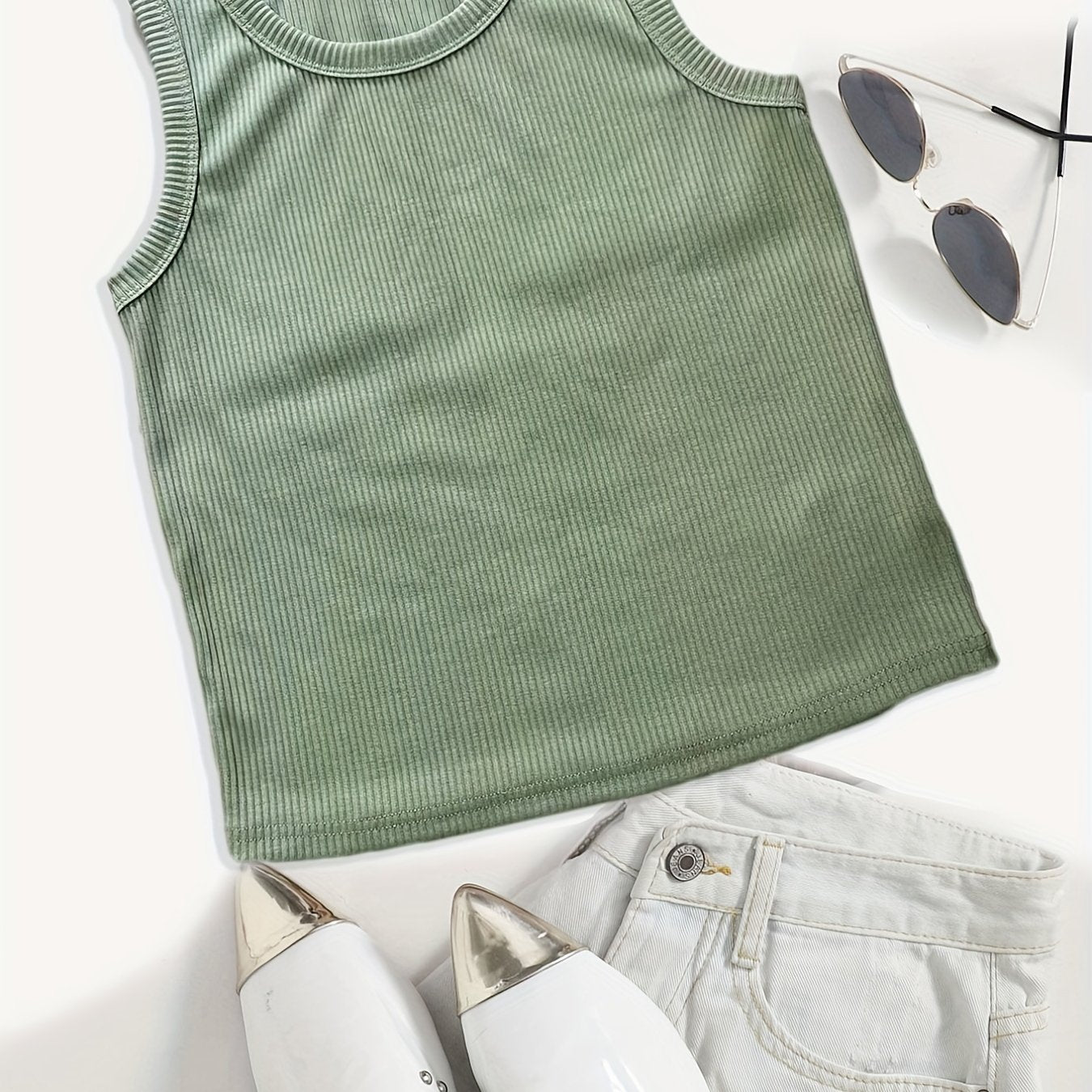 Solid Ribbed Tank Top Crew Neck Sleeveless Casual Summer Top