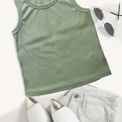 Solid Ribbed Tank Top Crew Neck Sleeveless Casual Summer Top