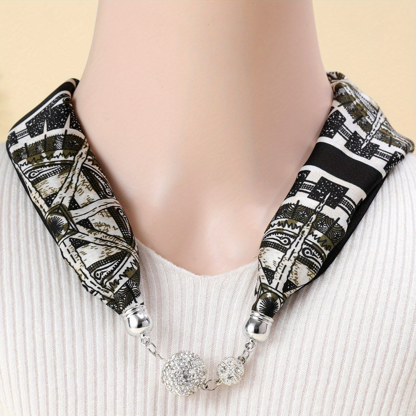 Silk Scarf Magnetic Buckle Classic Print Neckerchief Necklace