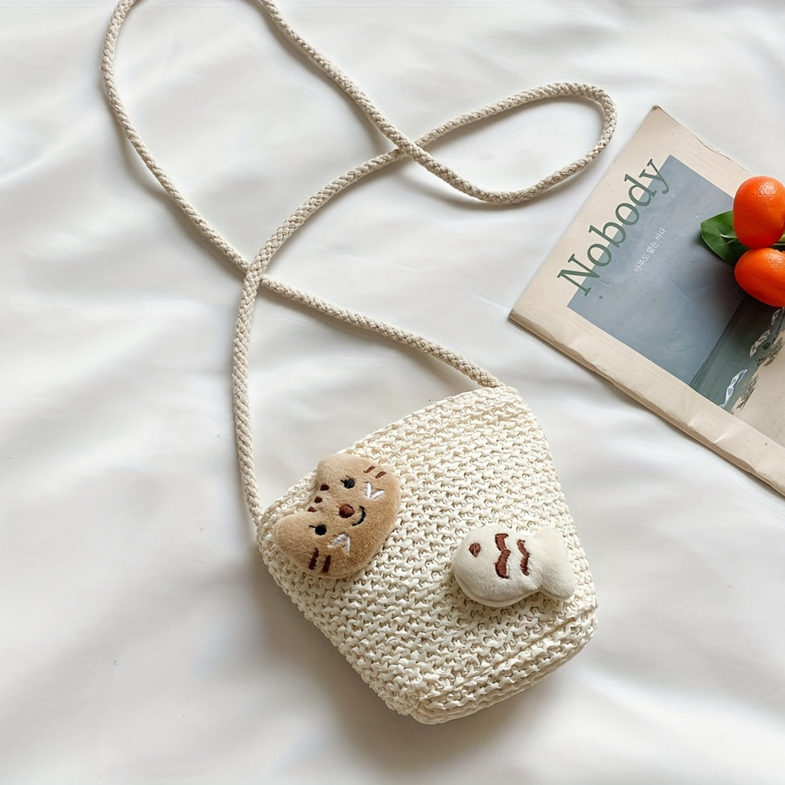 Kids Cartoon Straw Crossbody Bag with Zipper Coin Purse