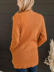 Solid Long Sleeve Open Front Knit Cardigan With Pockets