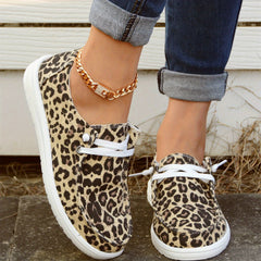 Leopard Print Boat Shoes Lace Up Flat Canvas Shoes