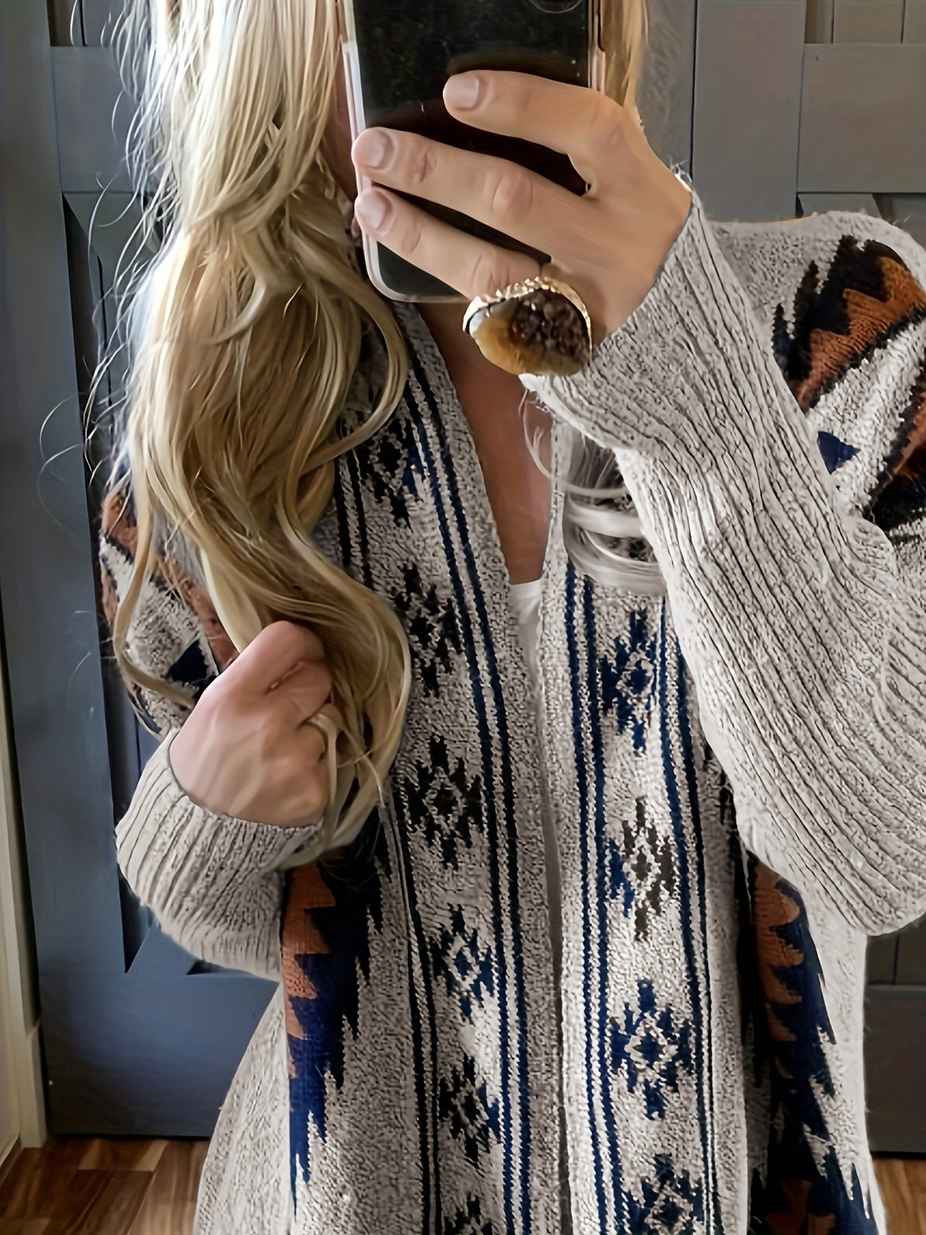 Ethnic Pattern Open Front Cardigan Casual Long Sleeve Mid Length Cardigan