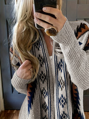 Ethnic Pattern Open Front Cardigan Casual Long Sleeve Mid Length Cardigan