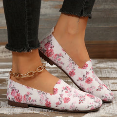Floral Print Flat Shoes Square Toe Breathable Knit Lightweight Walking Shoes