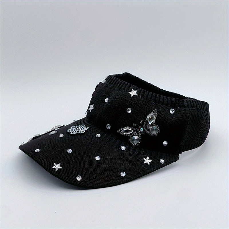Rhinestone Butterfly Star Visor Hat Knitted Elastic Sun Hat for Women