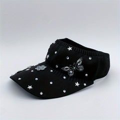Rhinestone Butterfly Star Visor Hat Knitted Elastic Sun Hat for Women