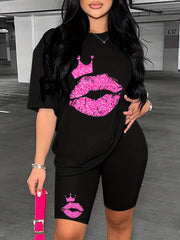 Lips & Crown Print Two Piece Set Casual Short Sleeve T shirt & Biker Shorts