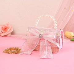 Sweet Princess Girls Bow Diamond Handbag with Pearl Handle