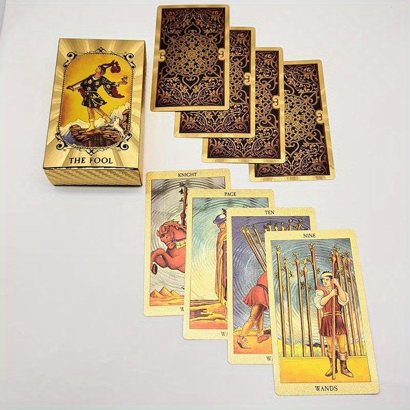 Golden Foil Tarot Deck 78 Waterproof Cards with Instruction Booklet