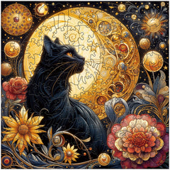 Celestial Fantasy Artwork Wooden Jigsaw Puzzle - Enchanting Cat & Moonlit Night