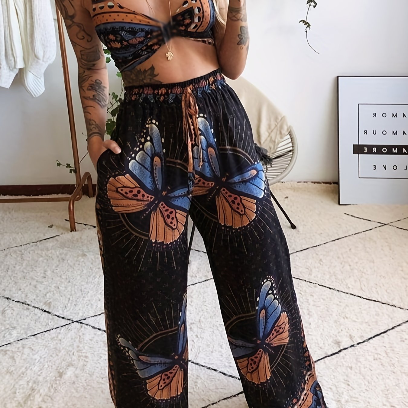 Butterfly Printed Bra Tops & Long Pants Suit Women's Night Out