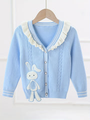 Girls' Bunny Embroidery Knit Cardigan Ruffle Trims Button Down Top