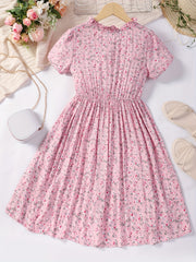 Girls' Floral Button V Neck Short Sleeve Casual Dress