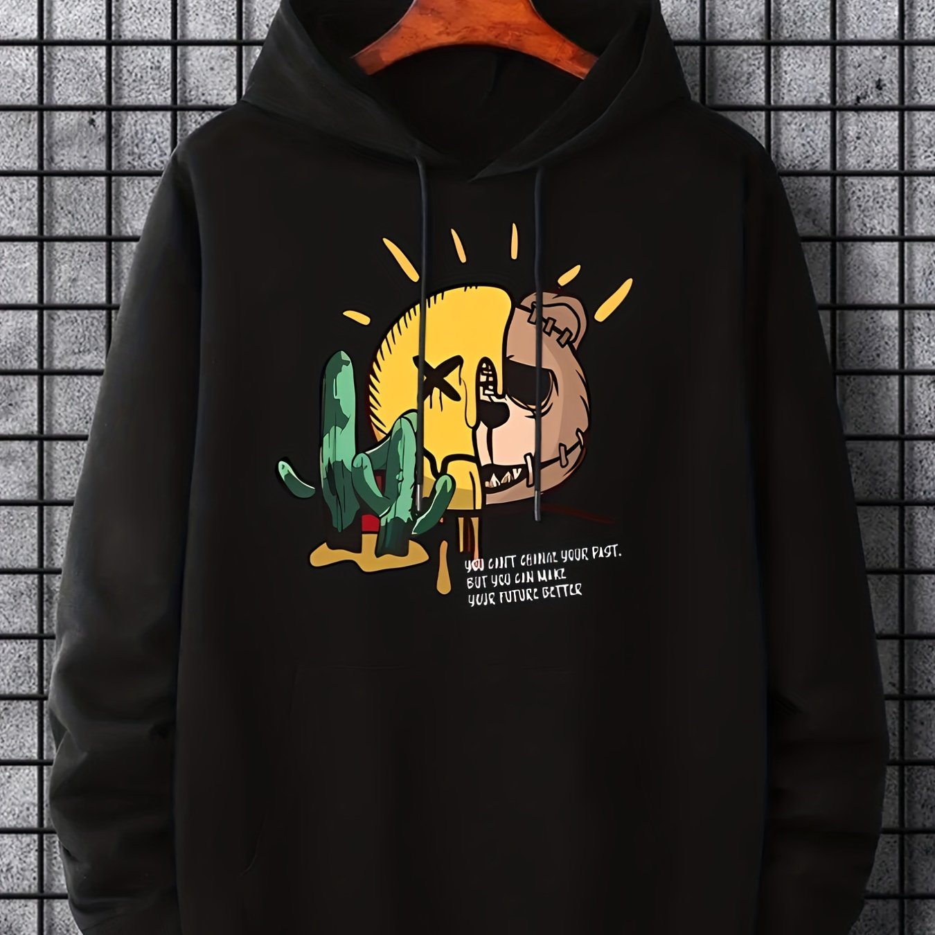 Smile & Teddy Bear Print Hoodie Men's Pullover Sweatshirt