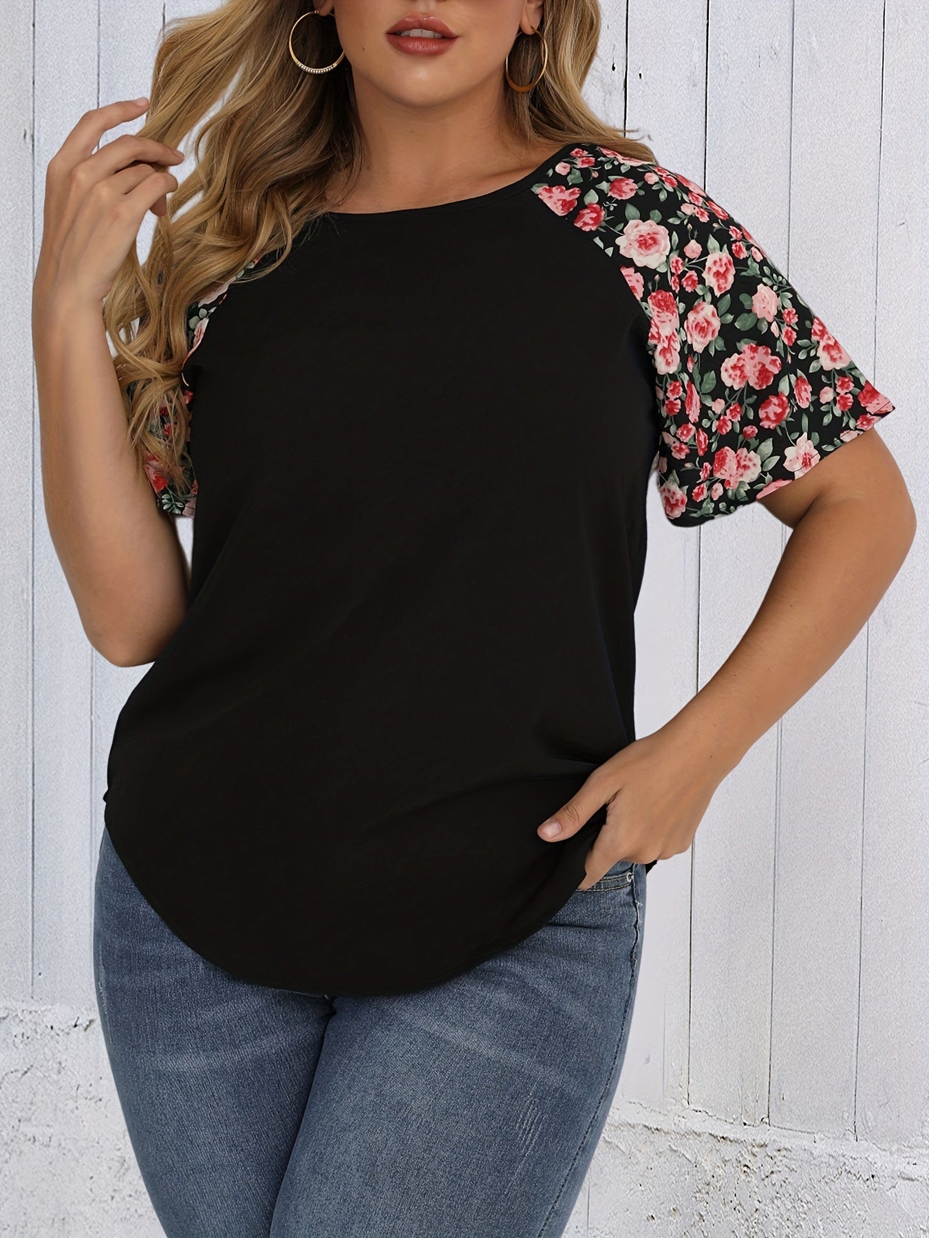 Vacay Blouse Women's Plus Colorblock Floral Short Sleeve T shirt
