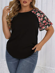 Vacay Blouse Women's Plus Colorblock Floral Short Sleeve T shirt