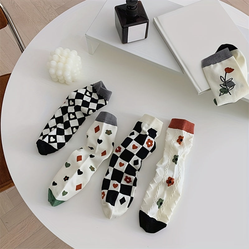 5 Pairs Floral & Plaid Print Socks Comfy Mid Tube Stockings