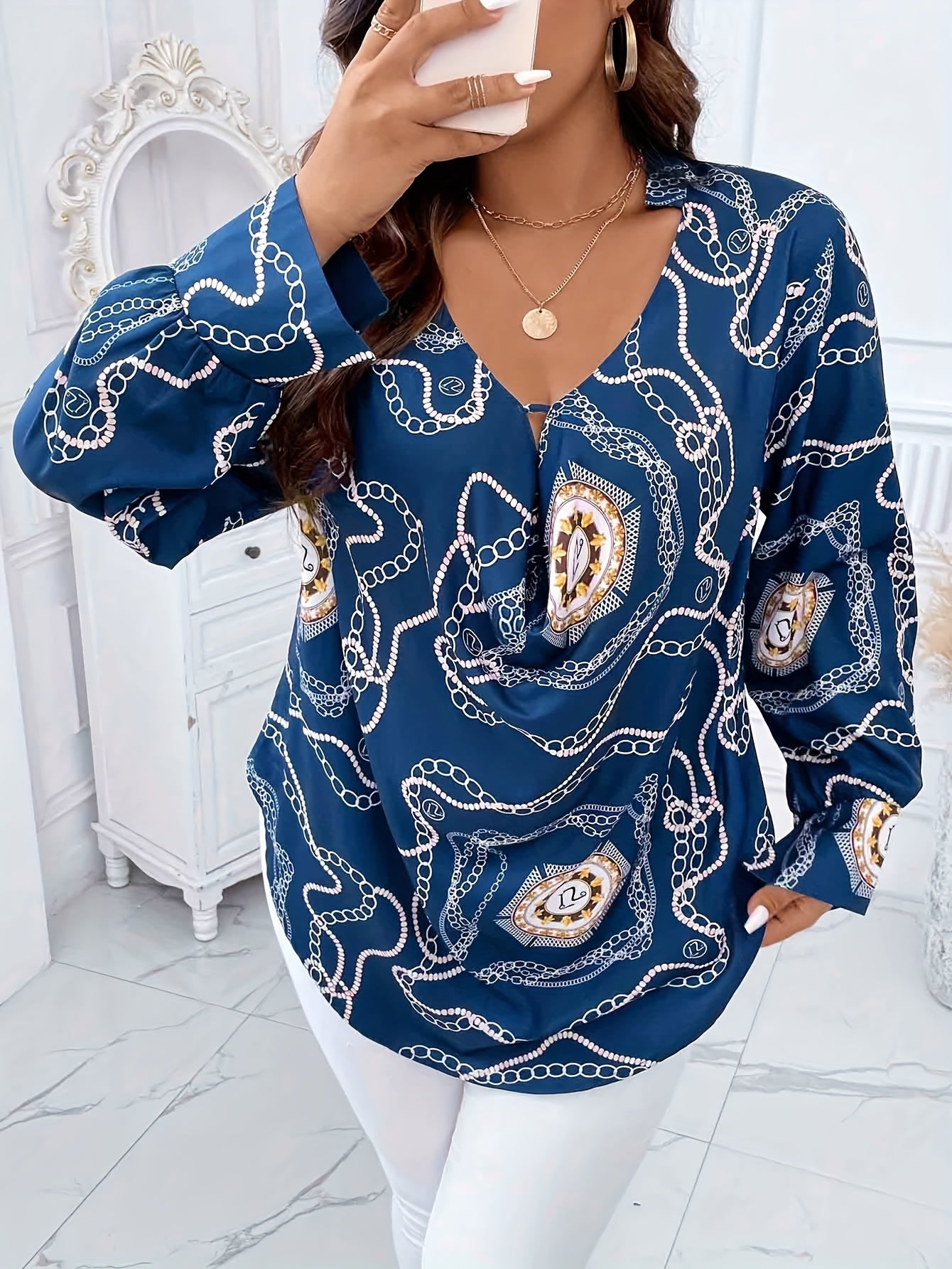 Women's Plus Chain Print Long Sleeve V Neck Cut Out Tunic Top