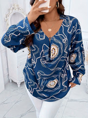 Women's Plus Chain Print Long Sleeve V Neck Cut Out Tunic Top