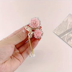 Red Rose Cherry Tassel Hair Clip - Small Flocking Ponytail Accessory