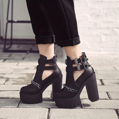 Goth Platform High Heels Chain Buckle Ankle Boots