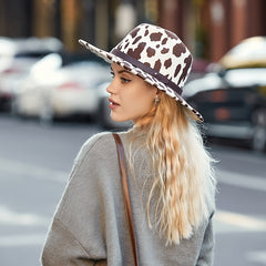 Leopard Pattern Fedora Wide Brim Winter Hat for Women