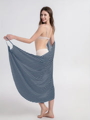 Navy Stripes V Neck Cover Up High Strech Backless Dress Women's Swimwear