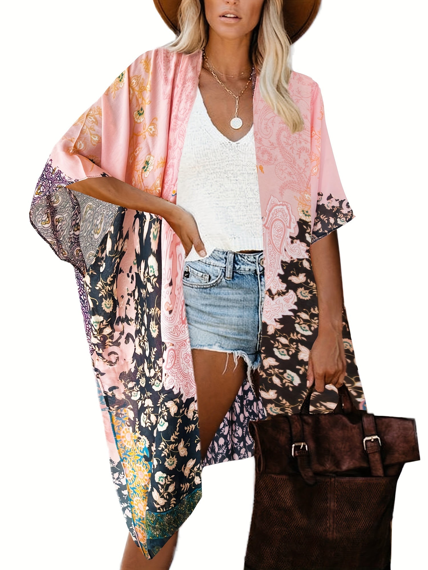 Boho Cover Up Women's Plus Floral Print Batwing Sleeve Open Front
