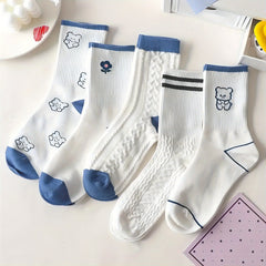 5 Pairs Bear & Plaid Print Socks Mid Tube Women's Stockings