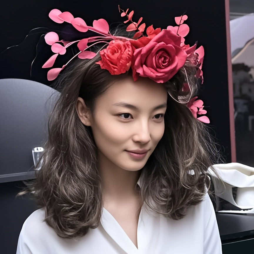 Vintage Floral Bridal Headpiece Red Roses & Pink Flowers Wedding Hair Accessory