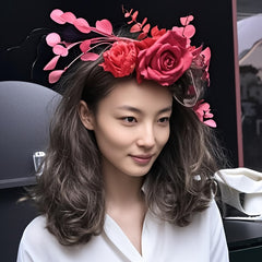 Vintage Floral Bridal Headpiece Red Roses & Pink Flowers Wedding Hair Accessory
