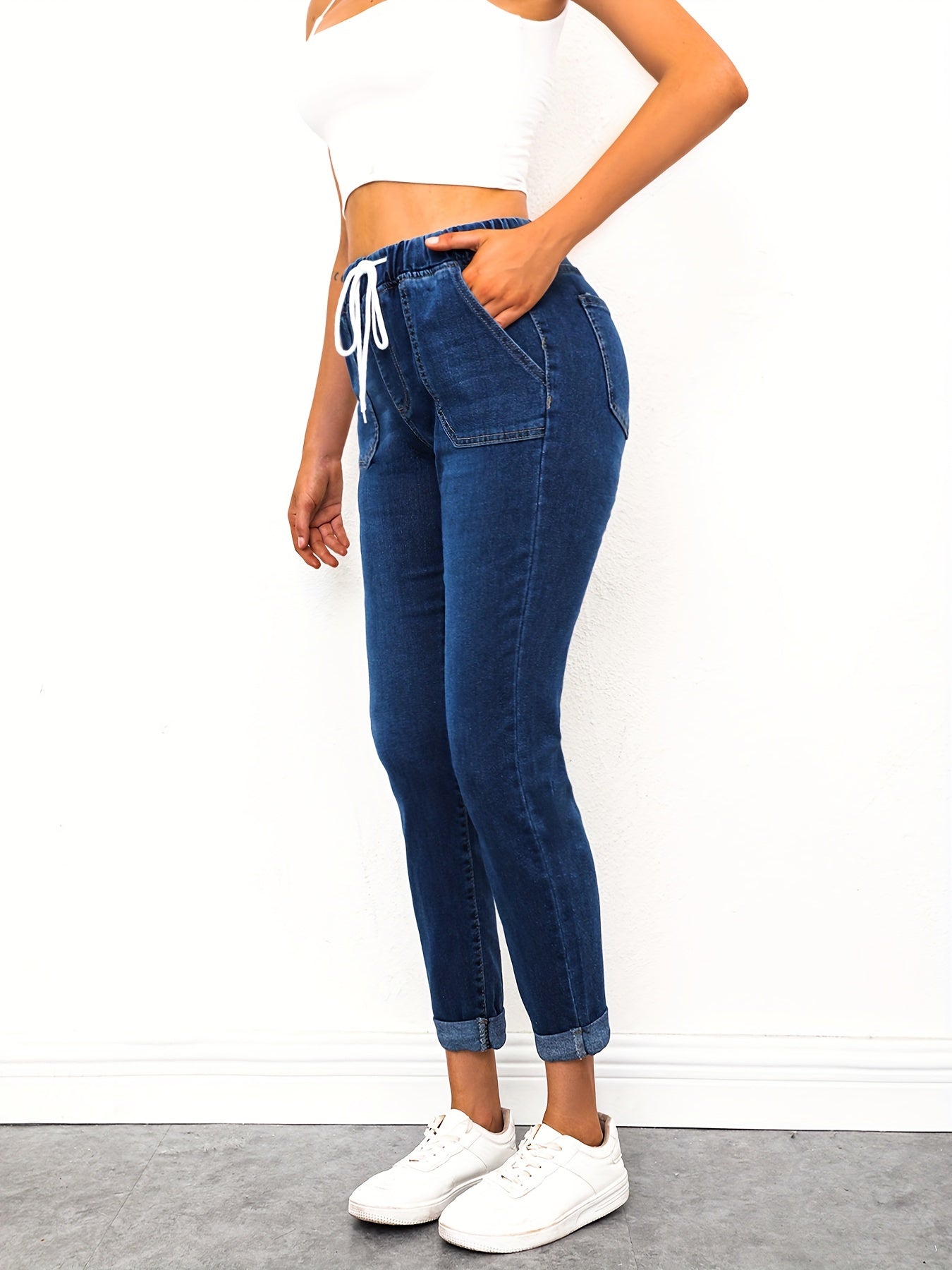 Dark Skinny Jeans High Stretch Casual Denim Trousers