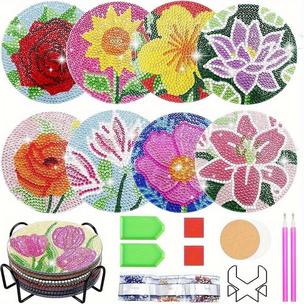 DIY Floral Theme Rhinestone Coasters Set