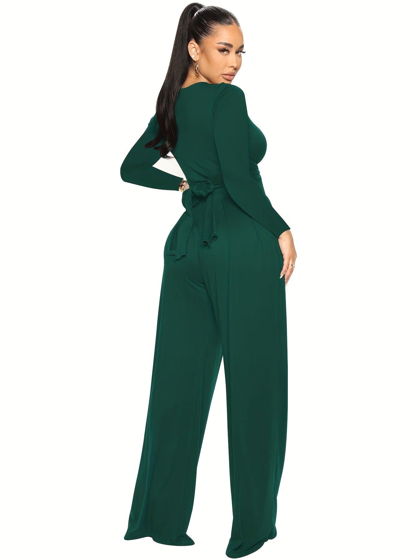 Solid Two Piece Set Crop Top & Wide Leg Pants Outfits Women's Clothing