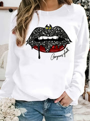 Bat Lip Print Sweatshirt Long Sleeve Crew Neck Women's Clothing