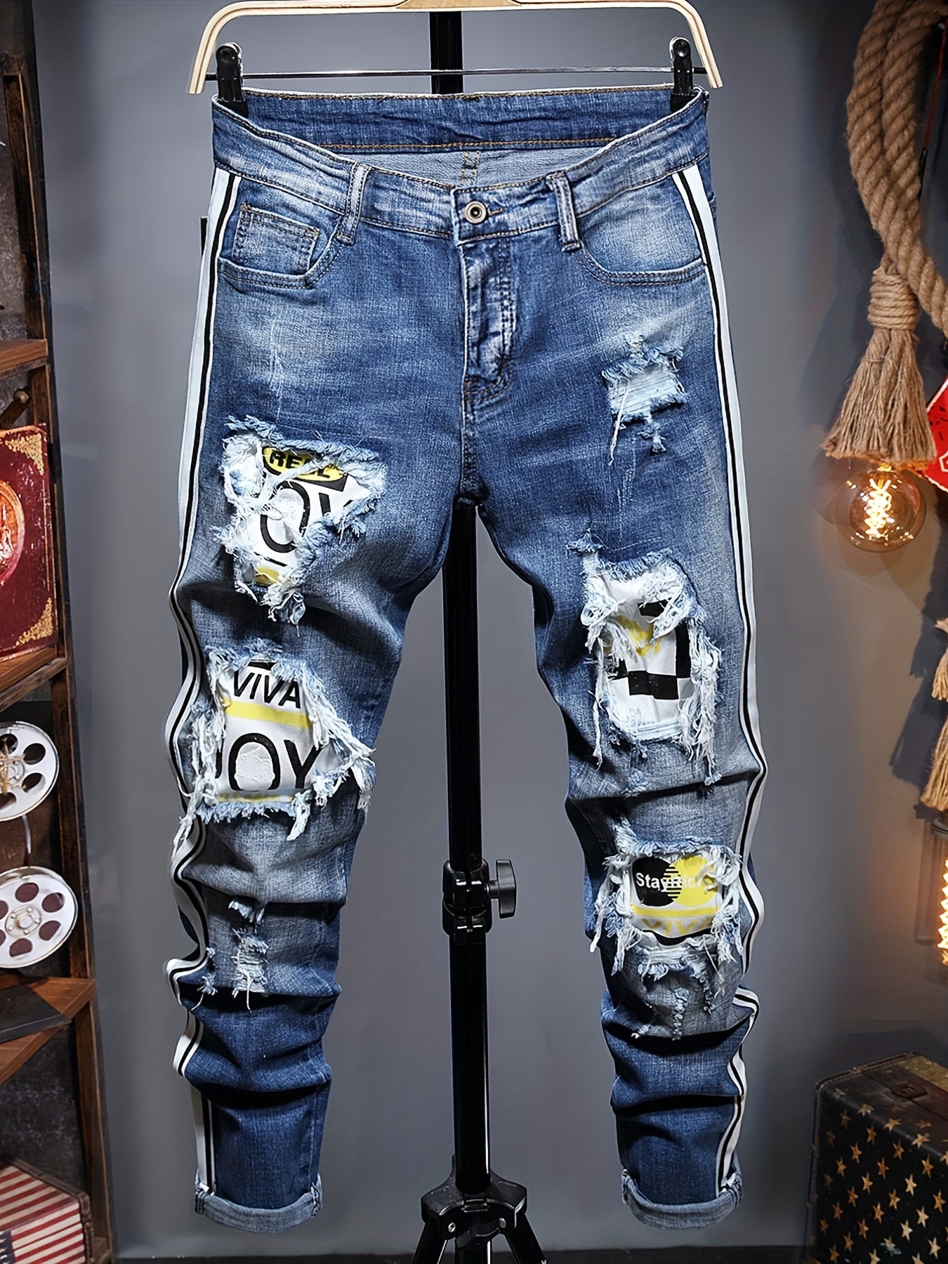Stylish Patchwork Slim Fit Ripped Jeans Men's Casual Street Style Distressed