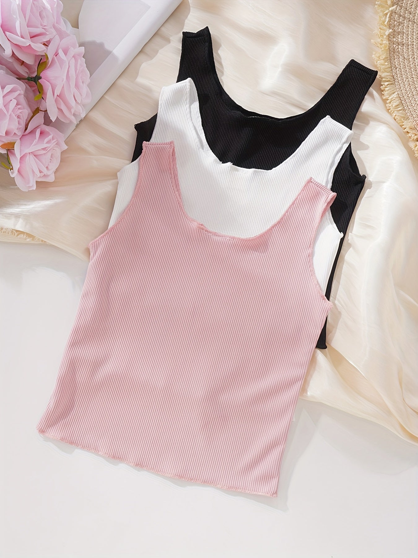 3pcs Toddler Girls Ribbed Tank Top Kids Summer Clothes