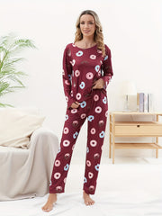 Donut Print Pajama Set Long Sleeve Crew Neck Top & Elastic Waistband Pants